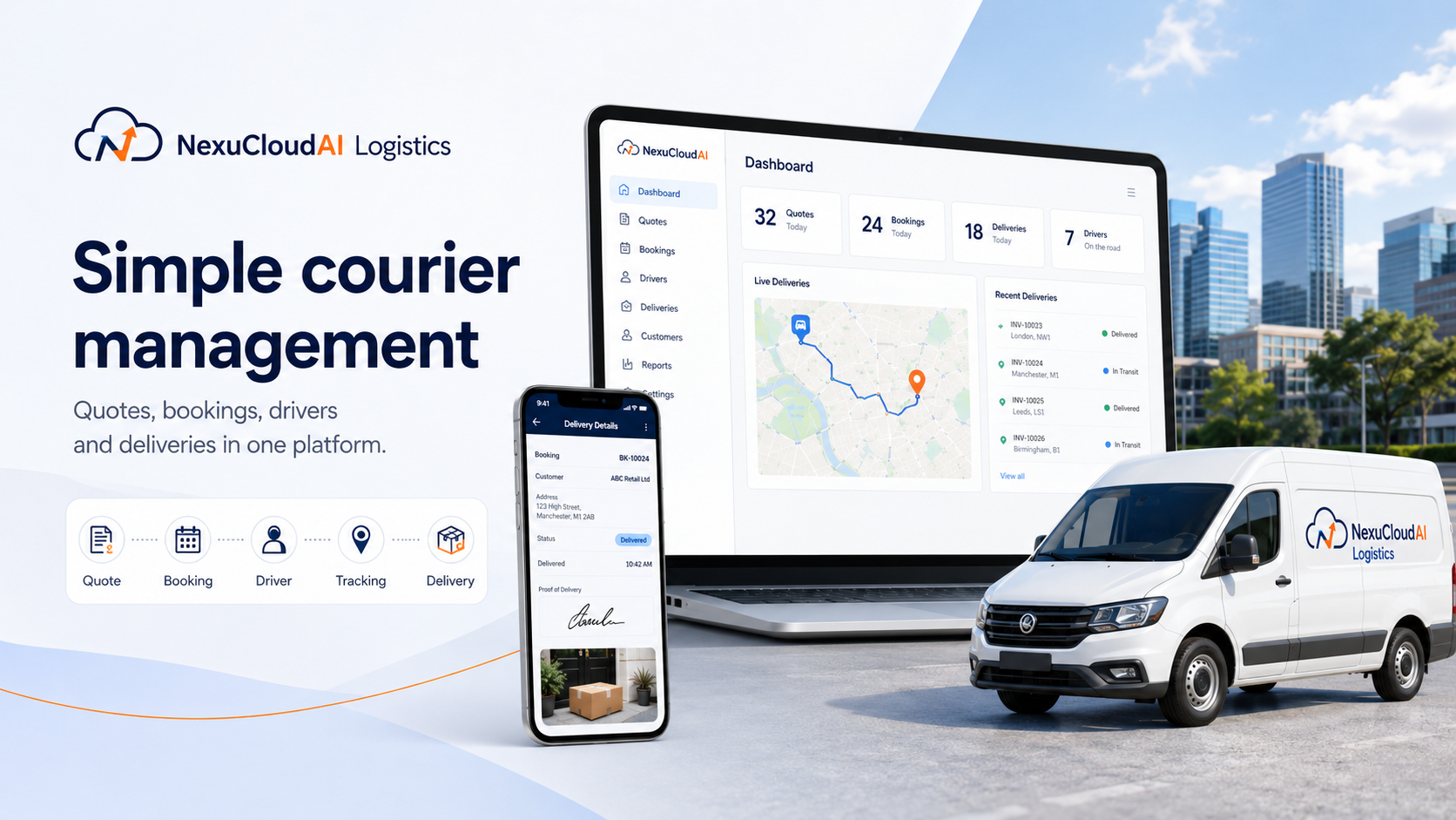 NexuCloudAI Logistics banner showing simple courier management with dashboard, mobile delivery screen and delivery van
